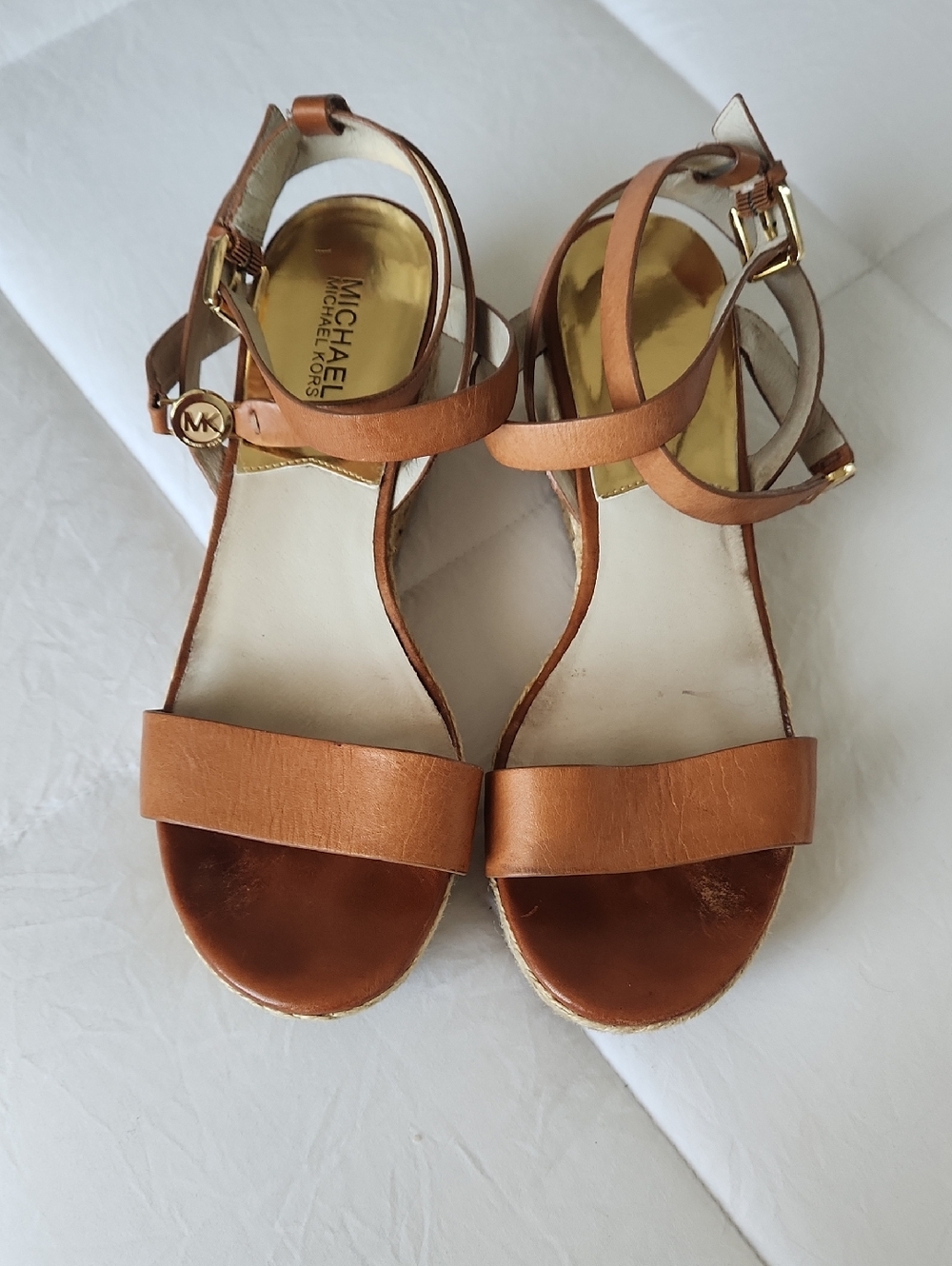 Michael Kors Brown Leather Espadrille Wedge Sandals